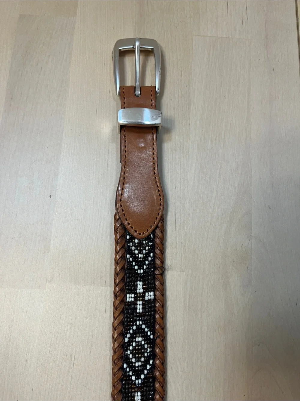 Brown Leather & Decorative Beaded Belt w/ Silver Hardware Men’s Size 38